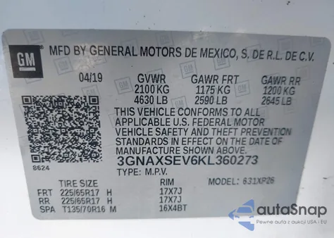 2019 Chevrolet Equinox Ls из США, поврежденный, VIN 3GNAXSEV6KL360273